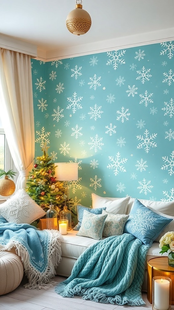 Teal Christmas Wallpaper Aesthetic A cozy room with teal Christmas wallpaper, decorated with snowflakes and ornaments, illuminated with warm lights.